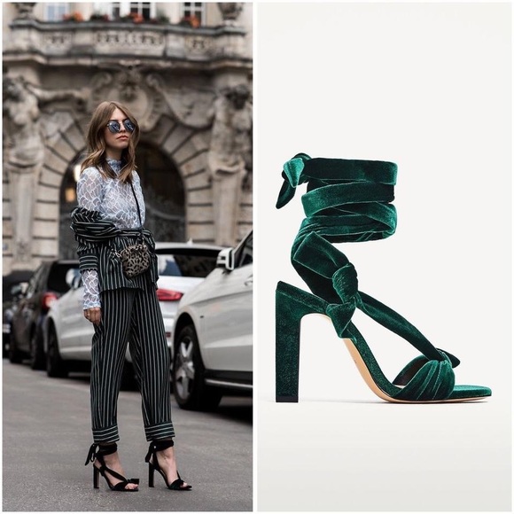 Green Velvet Strappy Laced Up Sandals - Picture 2 of 8